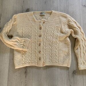Vtg Country Club Irish Wool cardigan Cream Chunky Cable Knit Fisherman sz‎ L